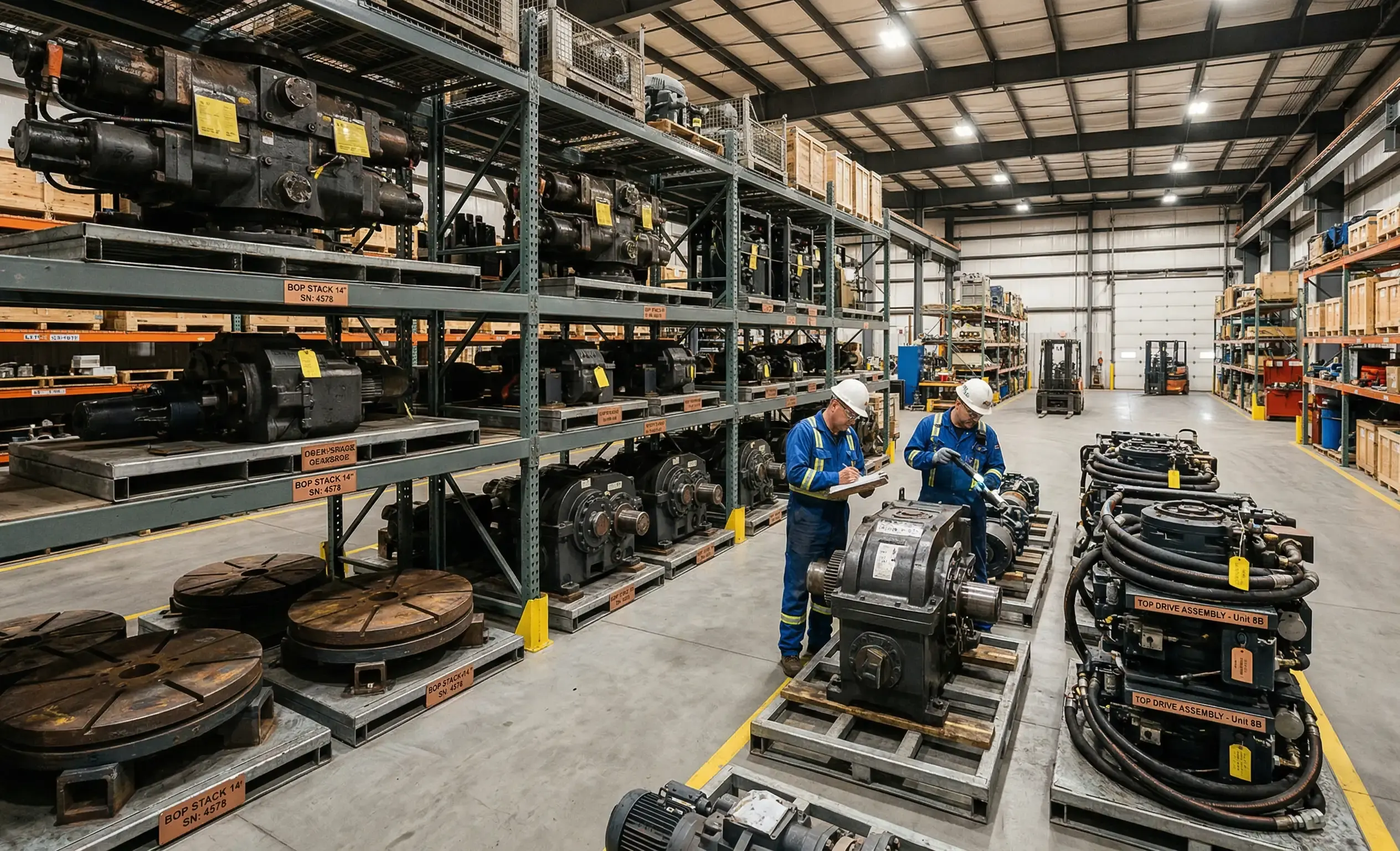 Rig components organized in supply warehouse