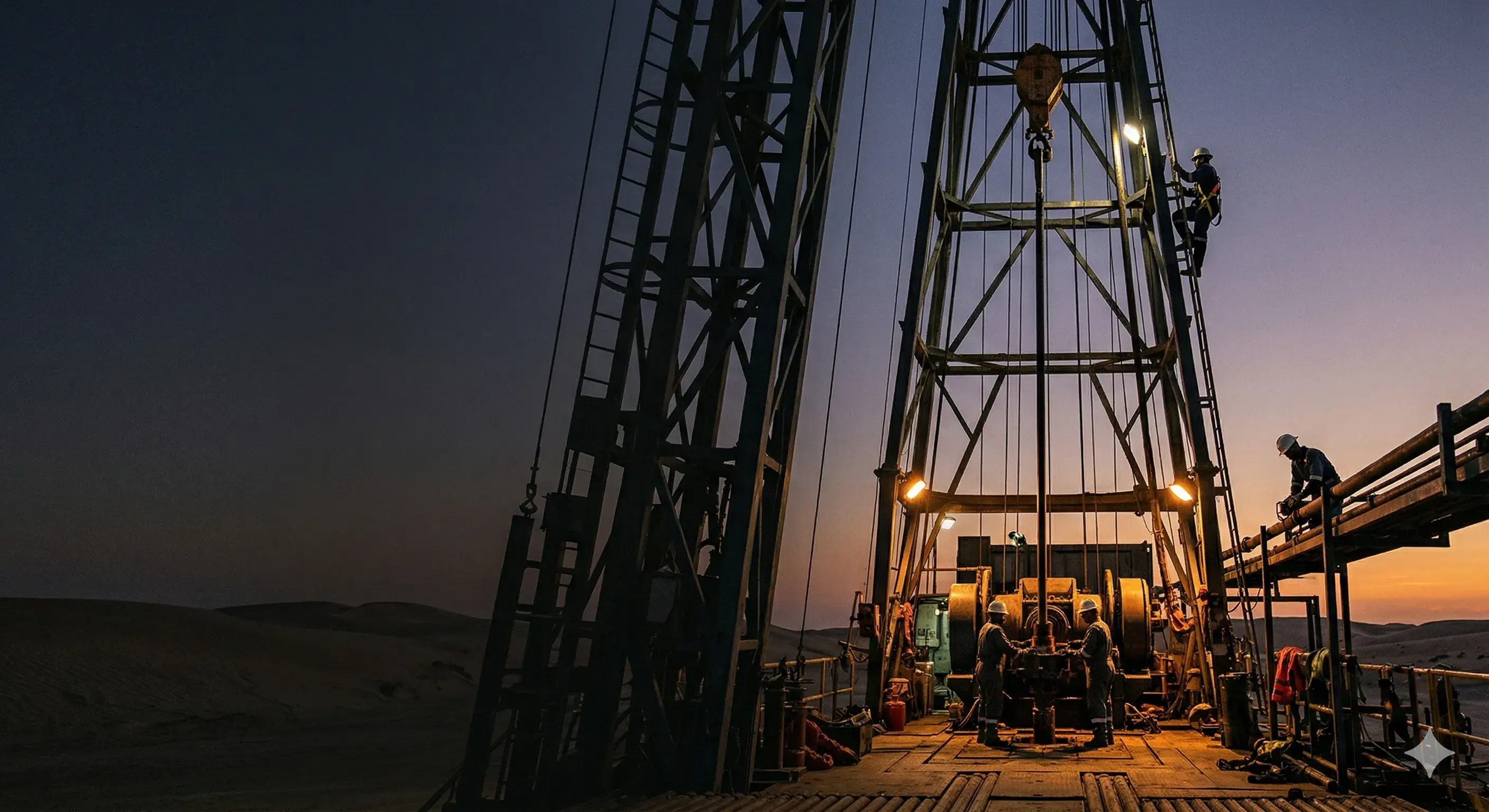 Maintenance crew servicing an active drilling rig